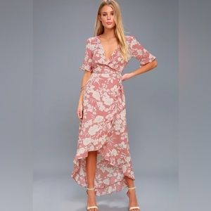Lulus Women’s Dress Size Small Wild Winds Pink Floral Print High-Low Wrap Midi